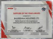 BKT, galardonado como Proveedor del Año por Manitou Equipment India