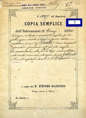 Documento de constitución de la empresa Pirelli 1872